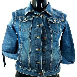 Ann Taylor Loft Women Size 10 Denim Jacket Blue Open Faux Pockets Long Sleeve